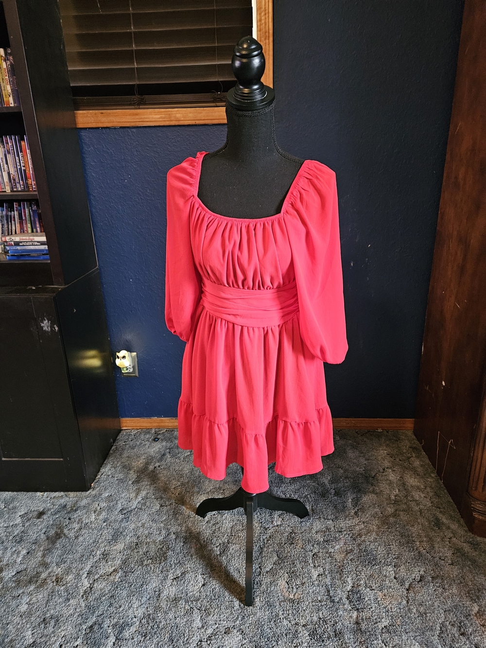Exlura Women's Long Sleeve Square Neck Ruffled Mini Dress - Red size small